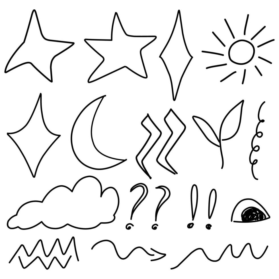 Hand-drawn line doodle object of celestial bodies and symbols, star, cloud, sun, lightning, and more. vector