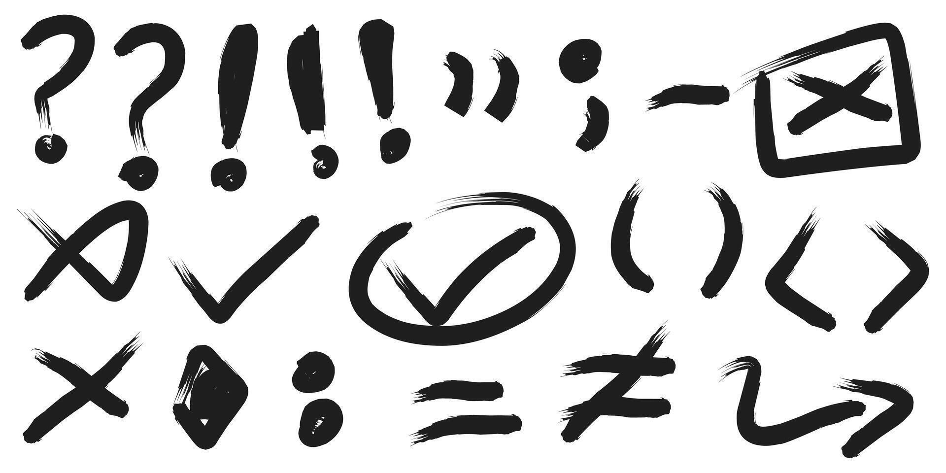Hand-drawn of punctuation marks and symbols include question mark, exclamation mark, quotation mark, comma and check mark. vector