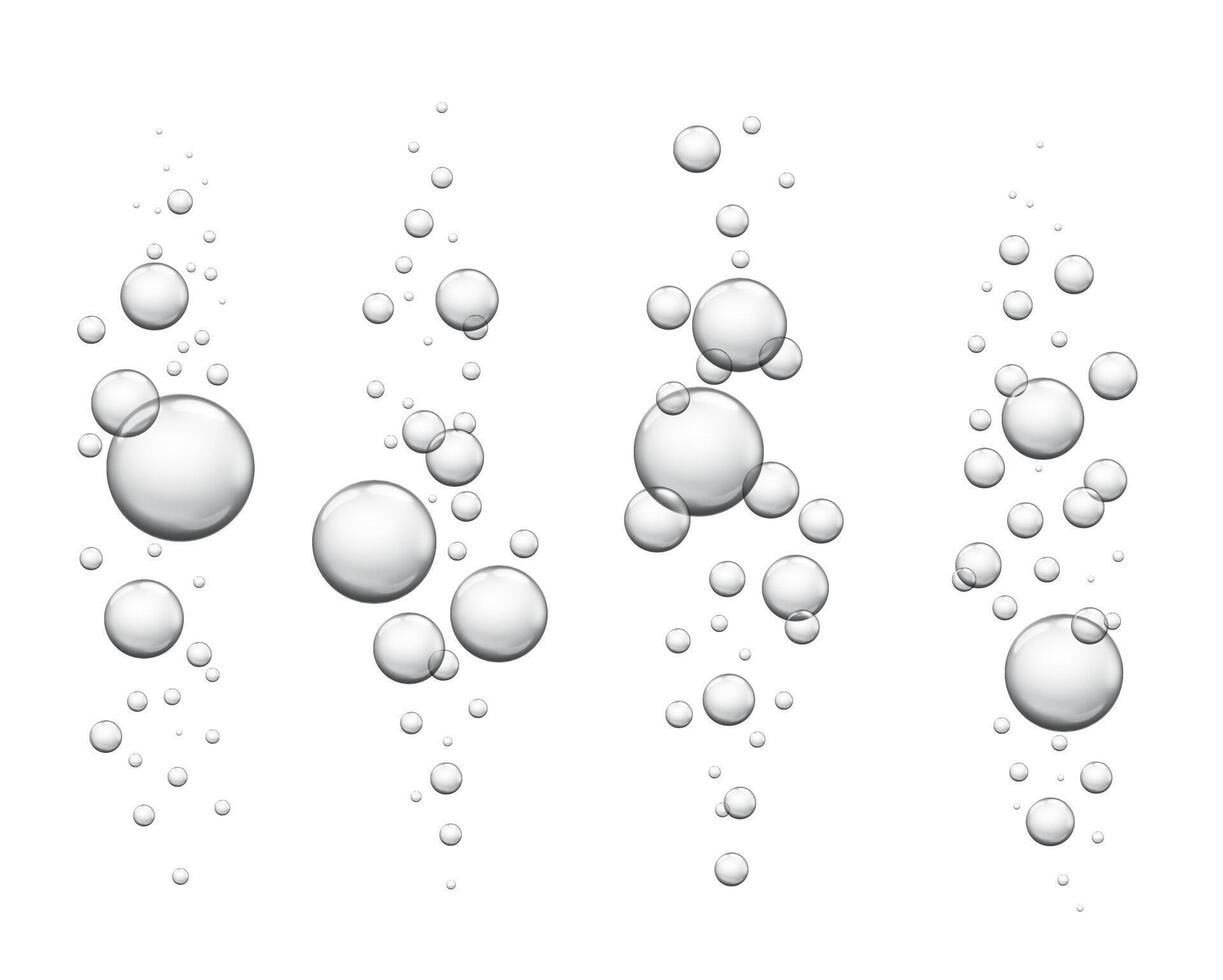 Water bubbles. Realistic fizzing underwater air bubbles popping up, fizzy drink or soda pop, sparkling water texture, effervescent drink. isolated set vector