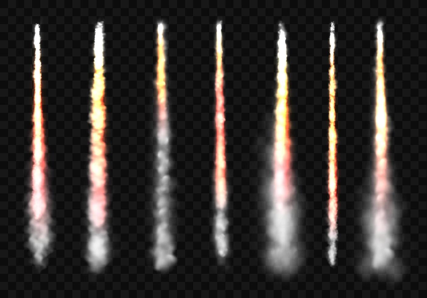 Realistic rocket tail. 3d realistic missile smoky fire track, plane or aircraft jet launch contrail flame spray. Spaceship steam tracks in sky . isolated set vector