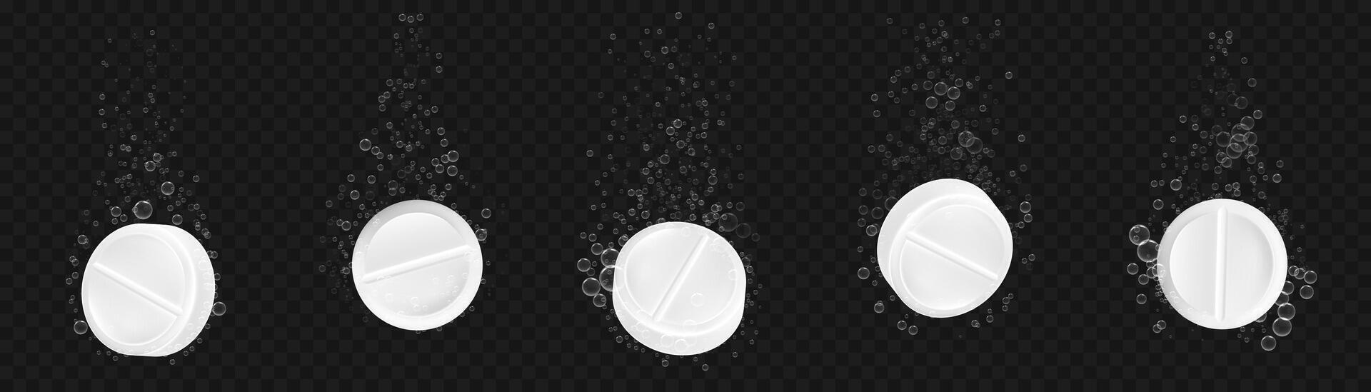 Fizzy pills. 3D soluble tablets with fizz air bubbles, effervescent pill in water. Aspirin or vitamin painkiller fizzy drugs and sparkling air bubbles. isolated set vector