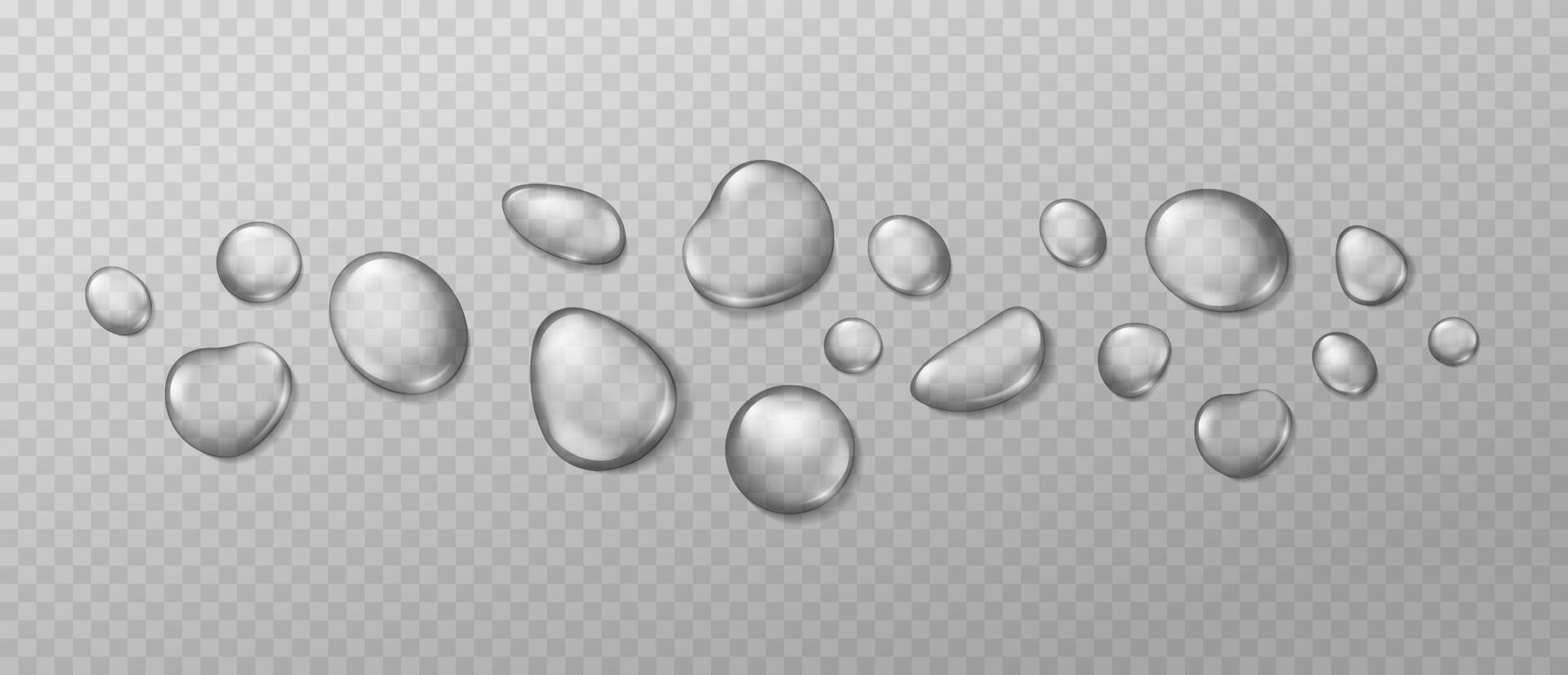 Realistic water drops. Condensation on window wet surface. 3D clear water drops and dew, liquid bubbles on transparent background. Isolated droplets set vector