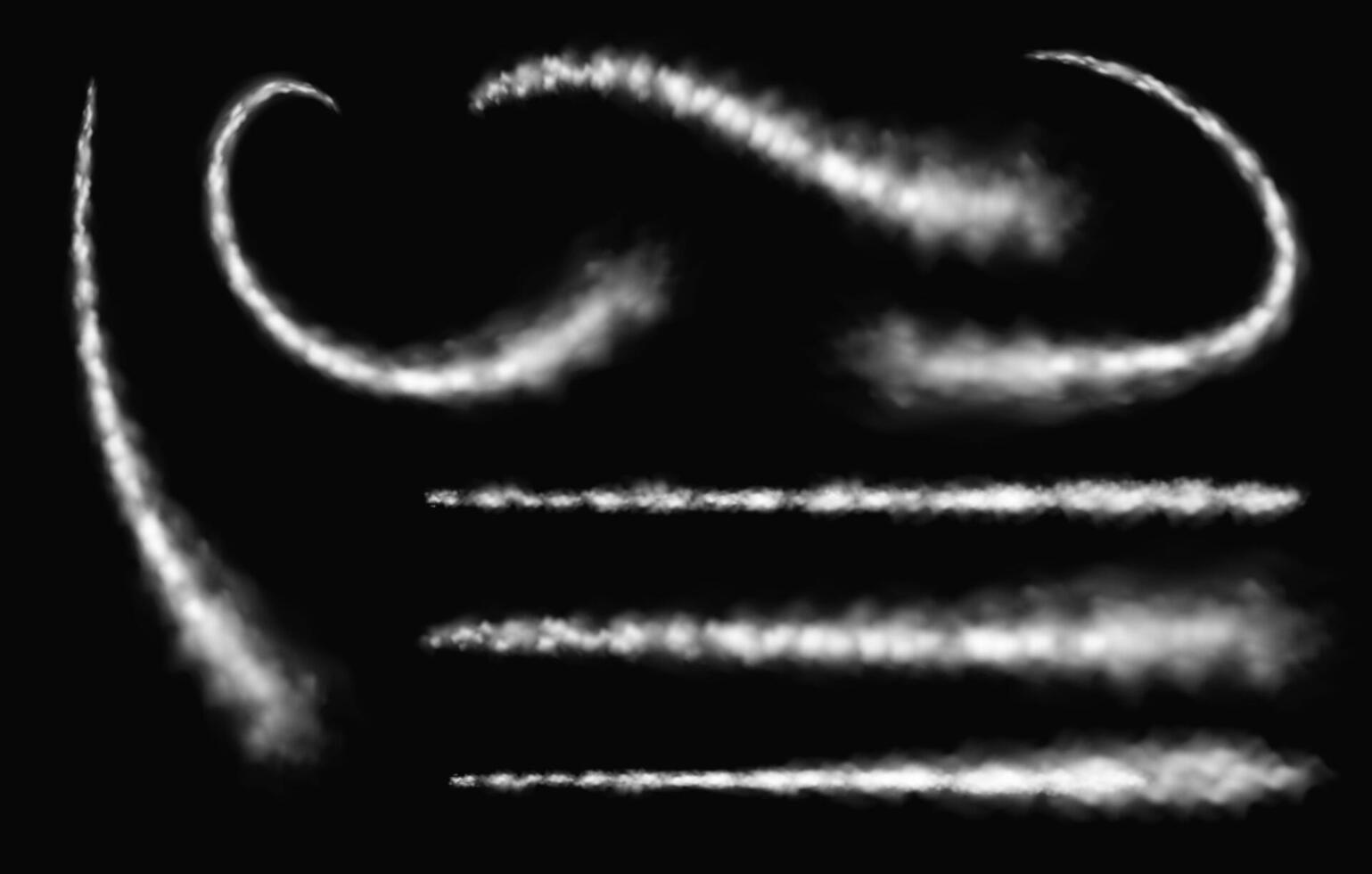 Trail smoke plane. Airplane smoky straight and curvy tracks, realistic white smoke texture for aircraft or rocket launch trace, track of missile fly in sky. set vector