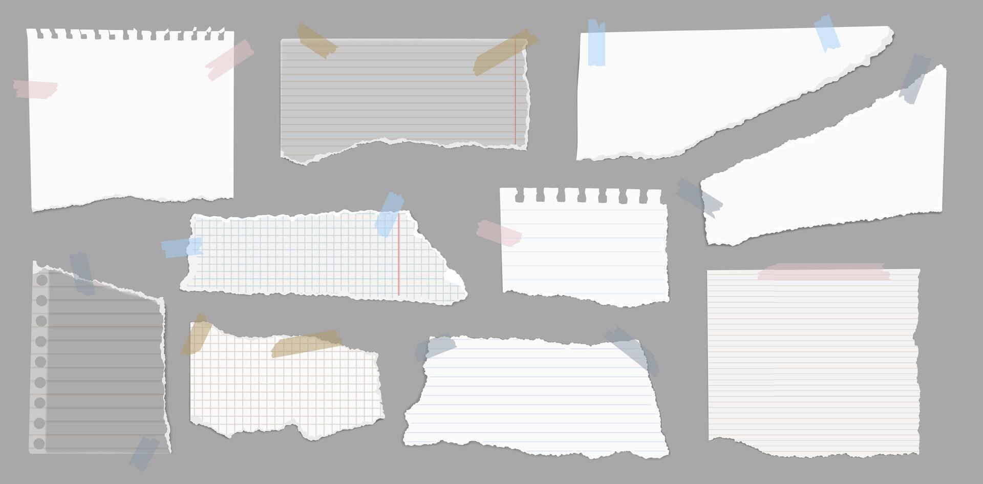 Note paper with adhesive tape. Moodboard blank torn paper pieces on sticky tape, notebook scraps with ripped edges for scrapbooks and moodboards. isolated set vector