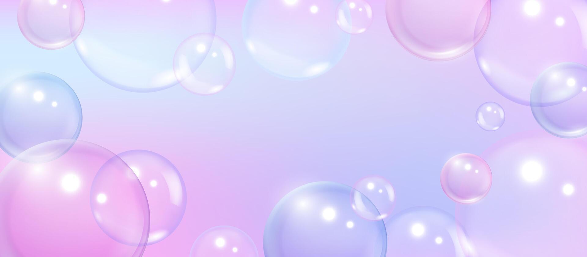 Pink soap bubbles. Realistic sud glossy 3D rainbow bubbles, shampoo and detergent foam spheres. abstract background for cosmetics collagen or serum production concept vector