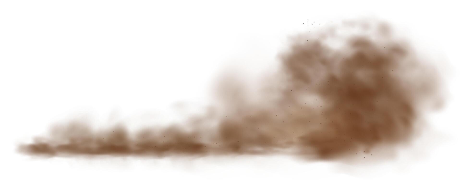 Sand cloud. Dust cloud, desert sandstorm, brown powder spray, smoke cloud with particles flying in wind, dirty ground spread. texture on transparent background vector