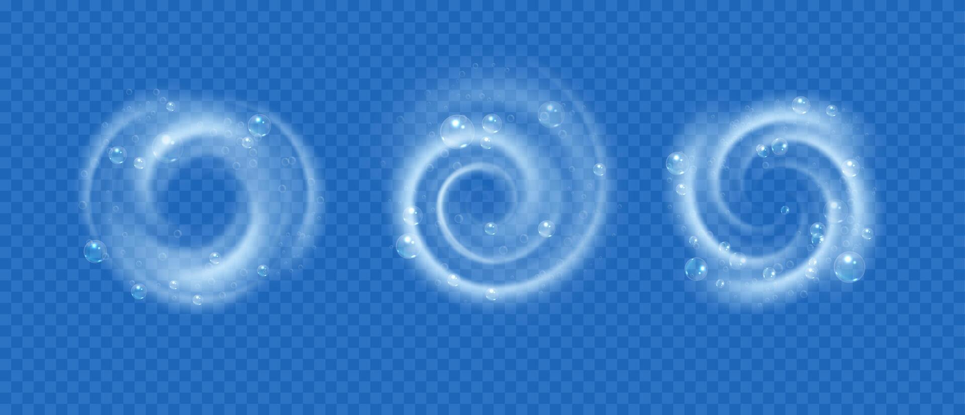 Water flow swirl with air bubbles. Spiral foam with soap bubbles and detergent blue vortex, refresh cleaning and washing concept. isolated set vector