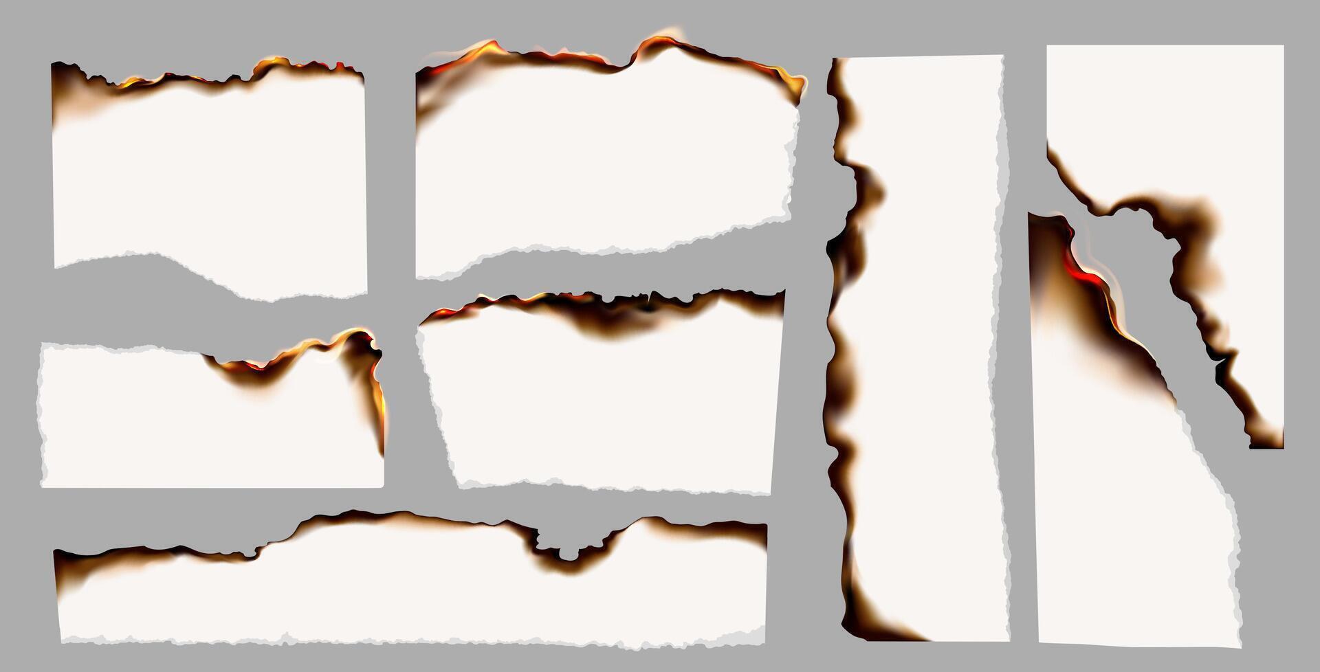 Burning paper. Realistic burning torn paper pieces with fire flame, white paper sheets with charred burnt edges, black ash and fire. Scorched and smoldering frame. set vector