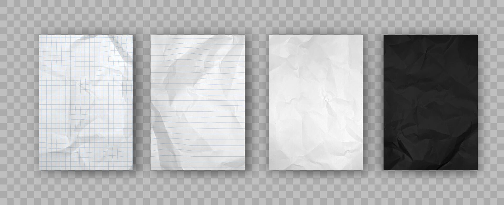 Crumpled notebook papers. Crumpled paper texture for flyers and posters. Black, white and notebook sheet with checks and lines. Blank page templates isolated. Realistic 3d set vector