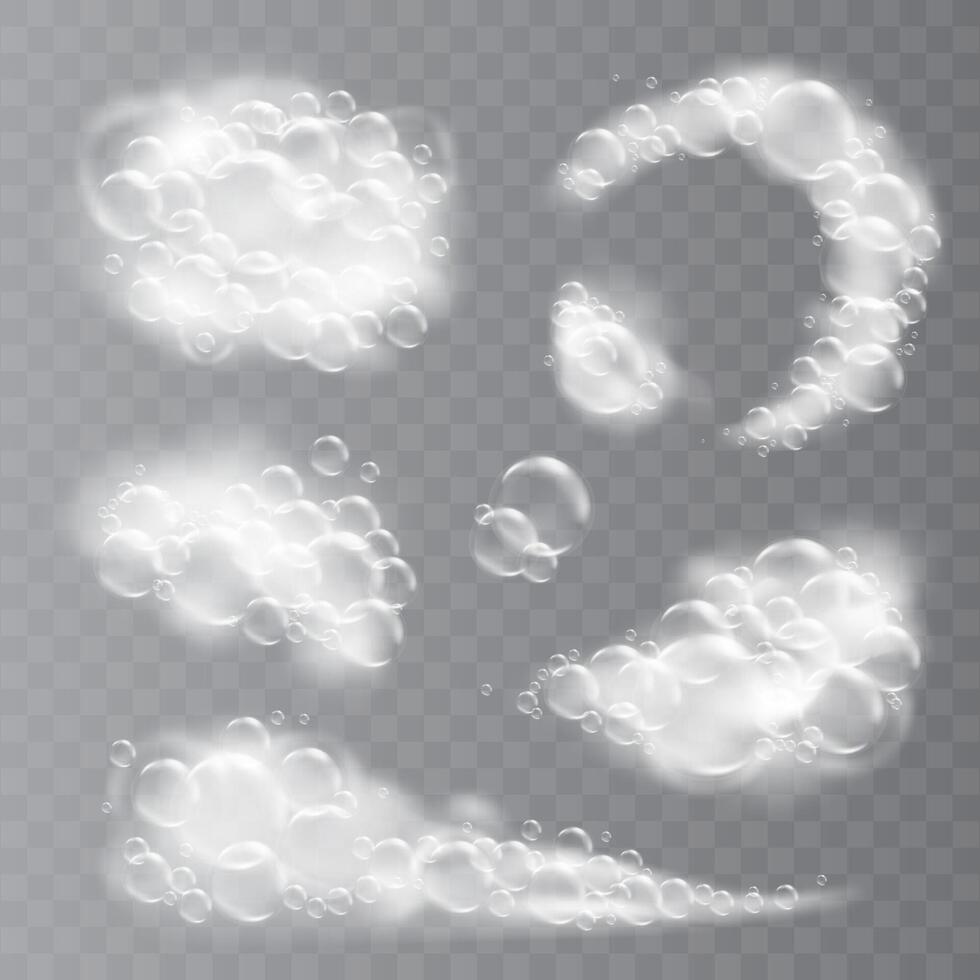 Realistic soap foam. Soapy water bath foam with shampoo lather bubbles, foaming liquid texture. 3d washing or cleaning suds, detergent or shower gel. isolated set vector