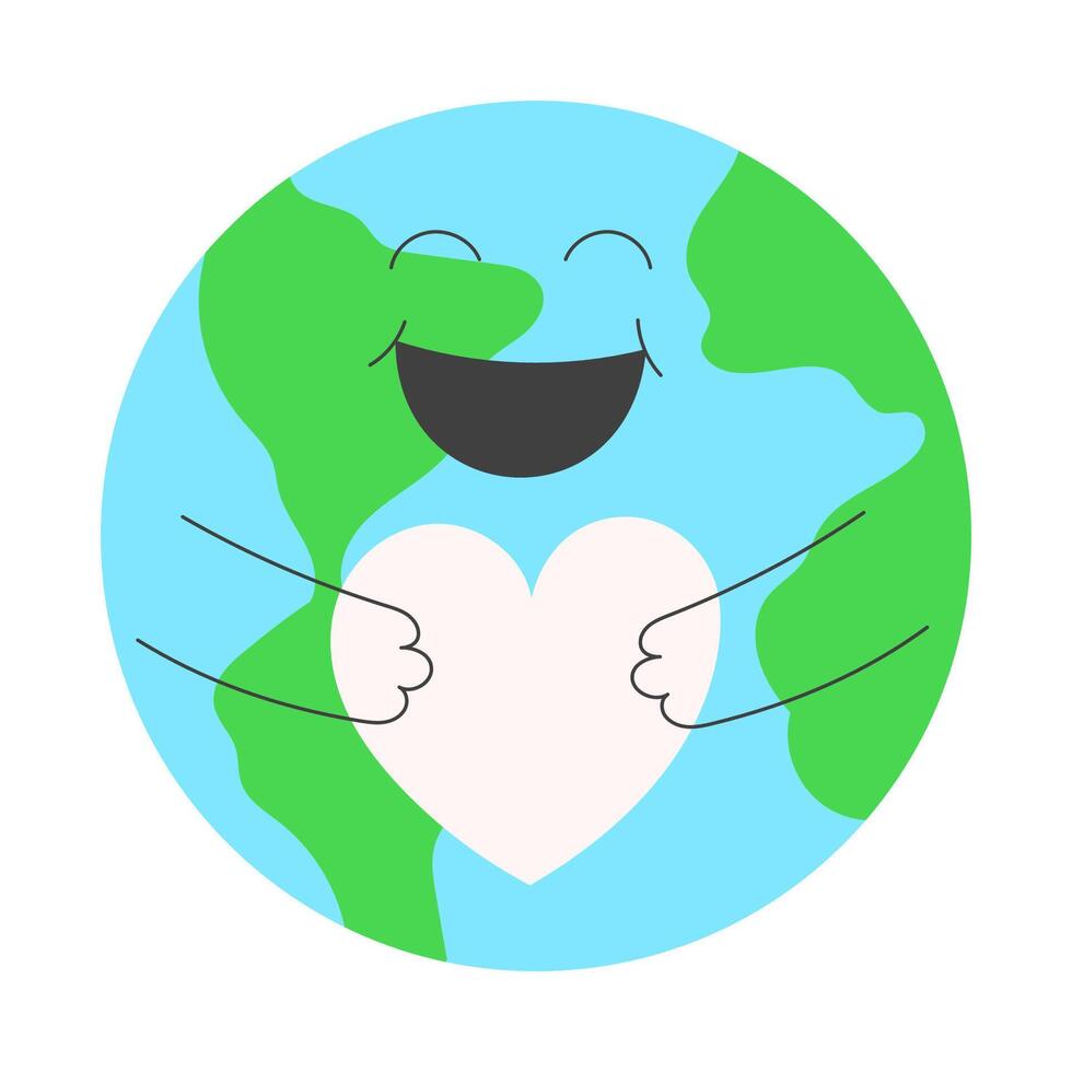 Smiling Earth Embracing a Heart. Earth Day Concept, Love and Care for the Planet. Flat Illustration. vector