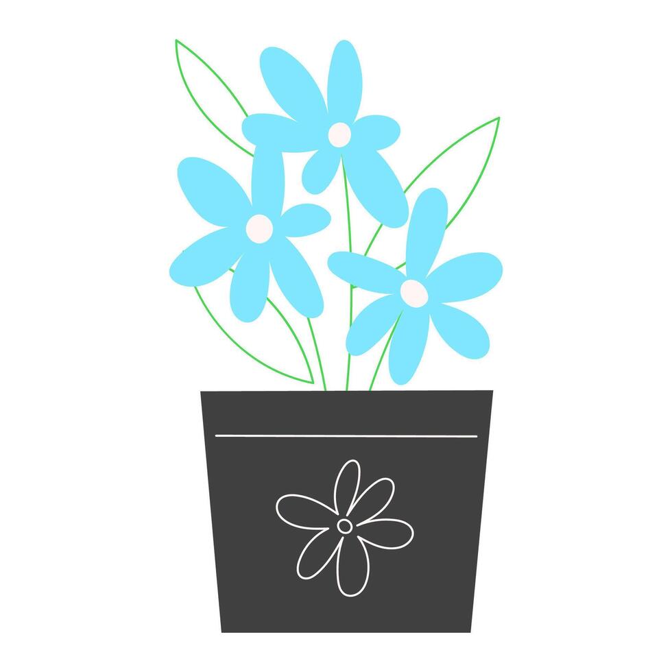 Blue Wildflowers in a Flower Pot. Flat Botanical Illustration. vector