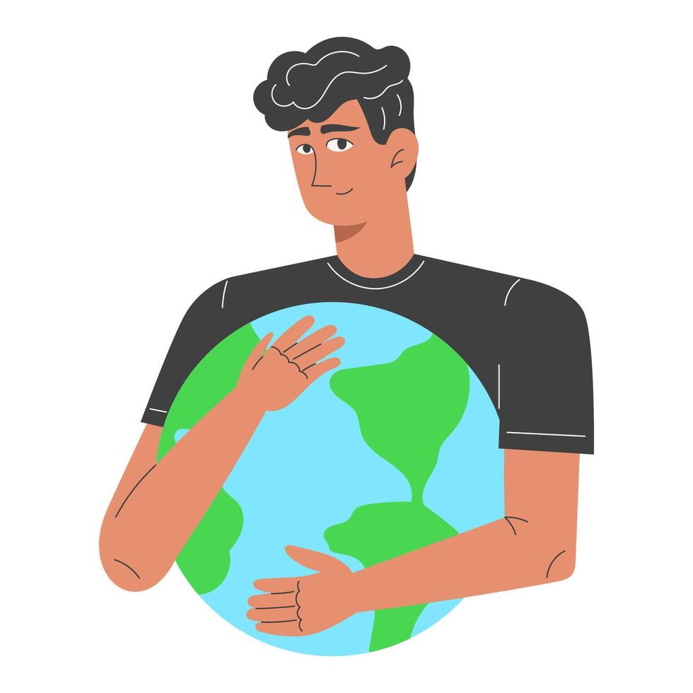 Young Man Hugging Planet Earth. Flat Illustration for Earth Day, Environmental Protection and Love for Nature. vector