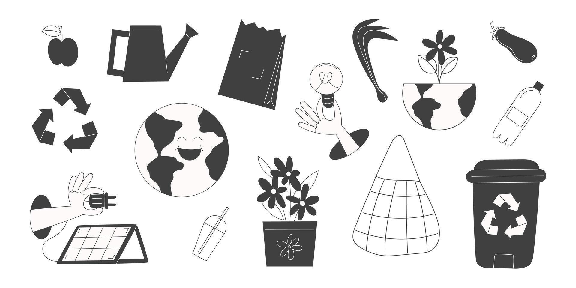 Black and White Eco Icons Set. Flat Elements for Sustainable Living, Recycling, and Mindful Consumption. vector