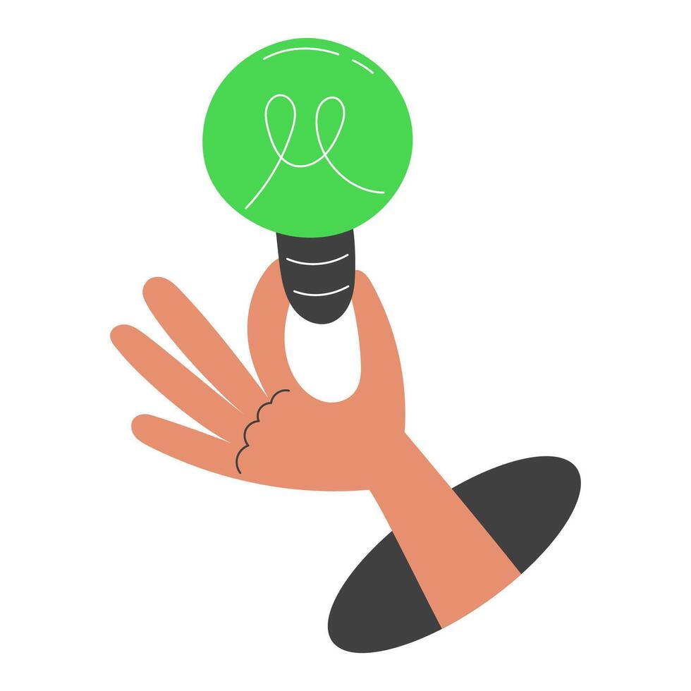 Hand holding a green light bulb as a symbol of clean, renewable and sustainable energy. Eco-friendly solution and environmental care. Flat illustration on white background vector