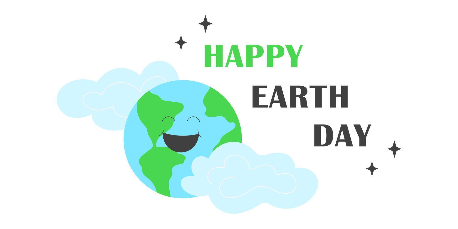 Smiling Planet Earth in Clouds with Happy Earth Day Message. Flat Style Poster or Banner for Earth Day Celebration. vector