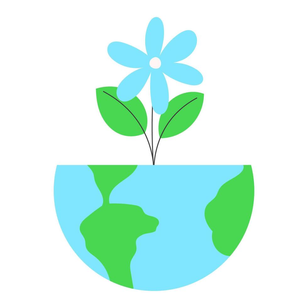 Wildflower growing from Earth globe as a symbol of nature, growth and environmental care. Flat illustration for Earth Day on white background vector