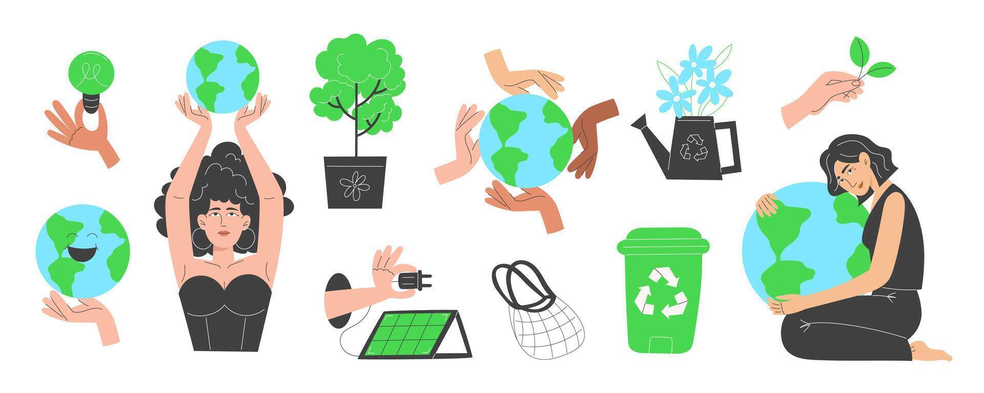 Earth Day elements set with eco symbols, recycling icons and renewable energy illustrations. Flat design for sustainability projects and nature protection concepts. vector
