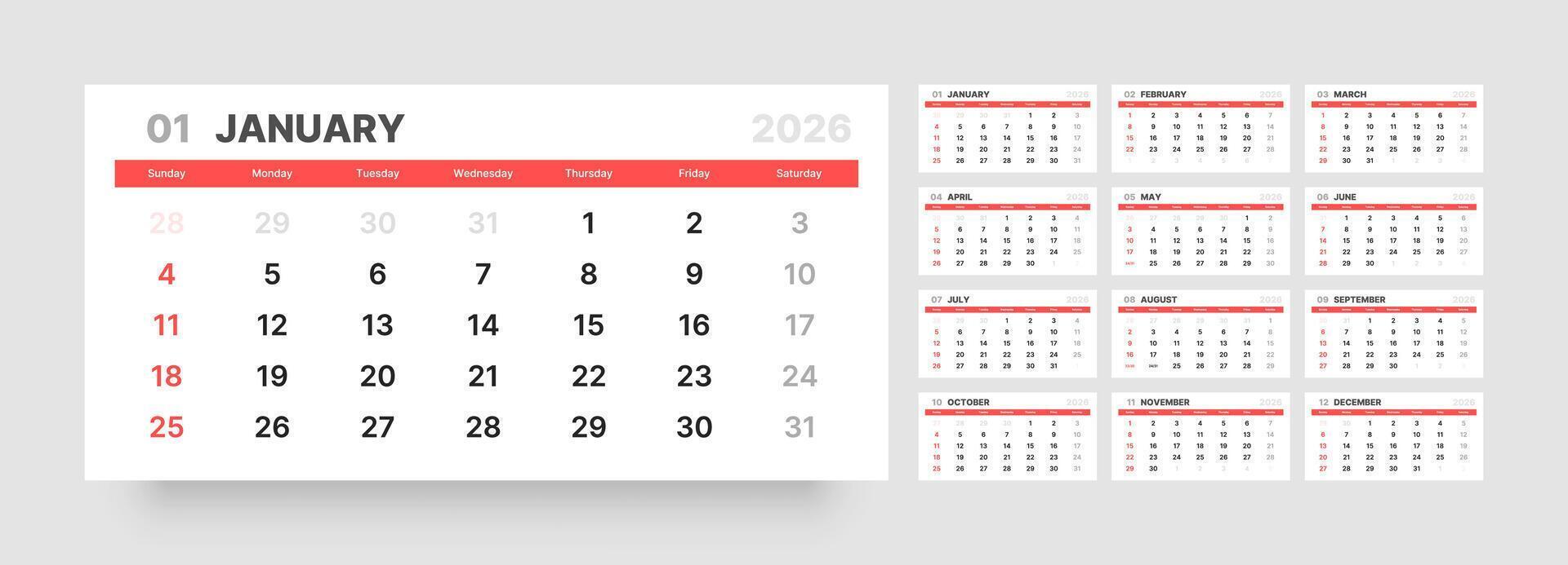 Monthly calendar layout for 2026 year. Quarterly calendar for 2026 year. Week Starts on Sunday. vector