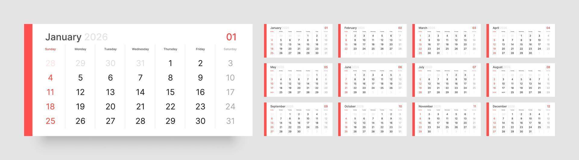 Monthly calendar layout for 2026 year. Quarterly calendar for 2026 year. Week Starts on Sunday. Calendar Set for 2026 year. vector