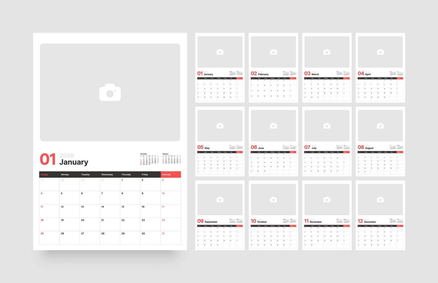 Monthly calendar layout for 2026 year. Vertical diary planner with place for photo for 2026 year. Week Starts on Sunday. vector