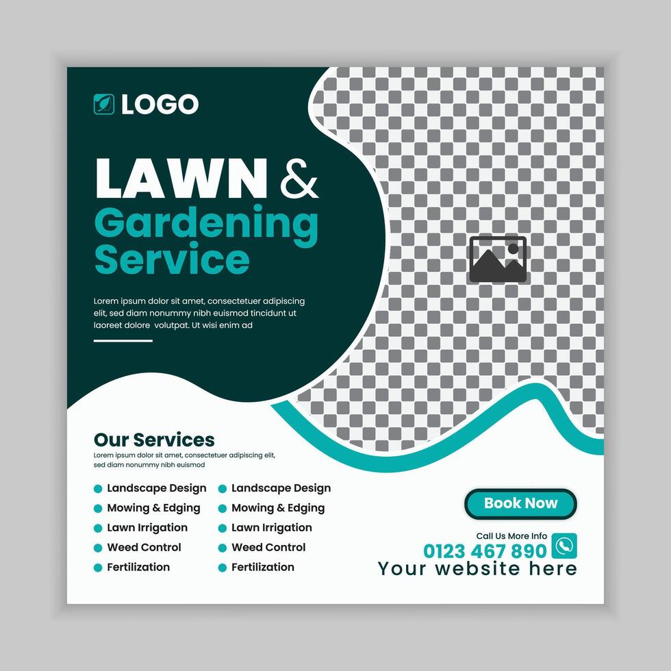 Lawn landscaping service or lawn mower garden social media post and web banner design template vector
