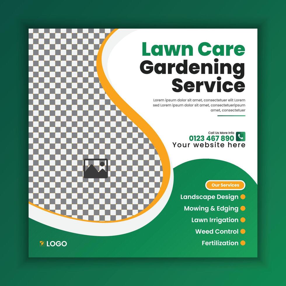Lawn, Garden, and landscape maintenance service social media post design. Lawnmower square flyer template, Farming service social media post template vector