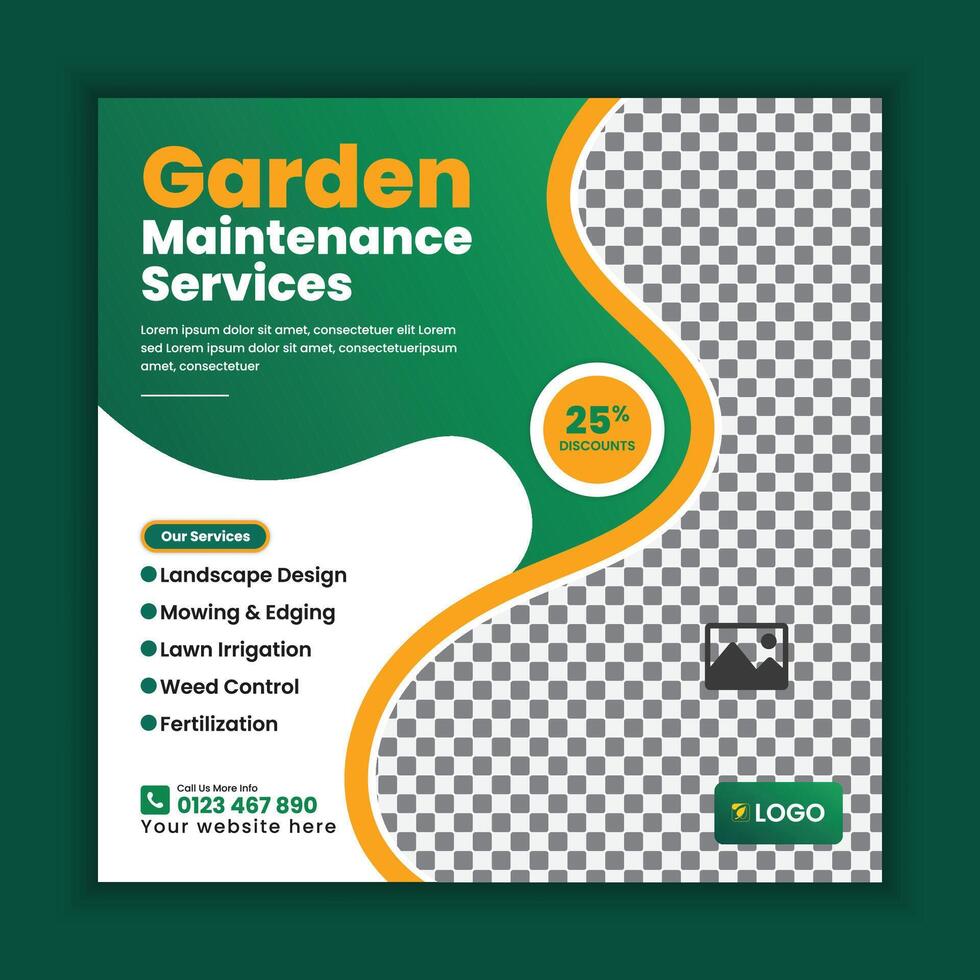Lawn, Garden, and landscaping service social media post design. Lawnmower square flyer template, Agricultural and farming service social media post template vector