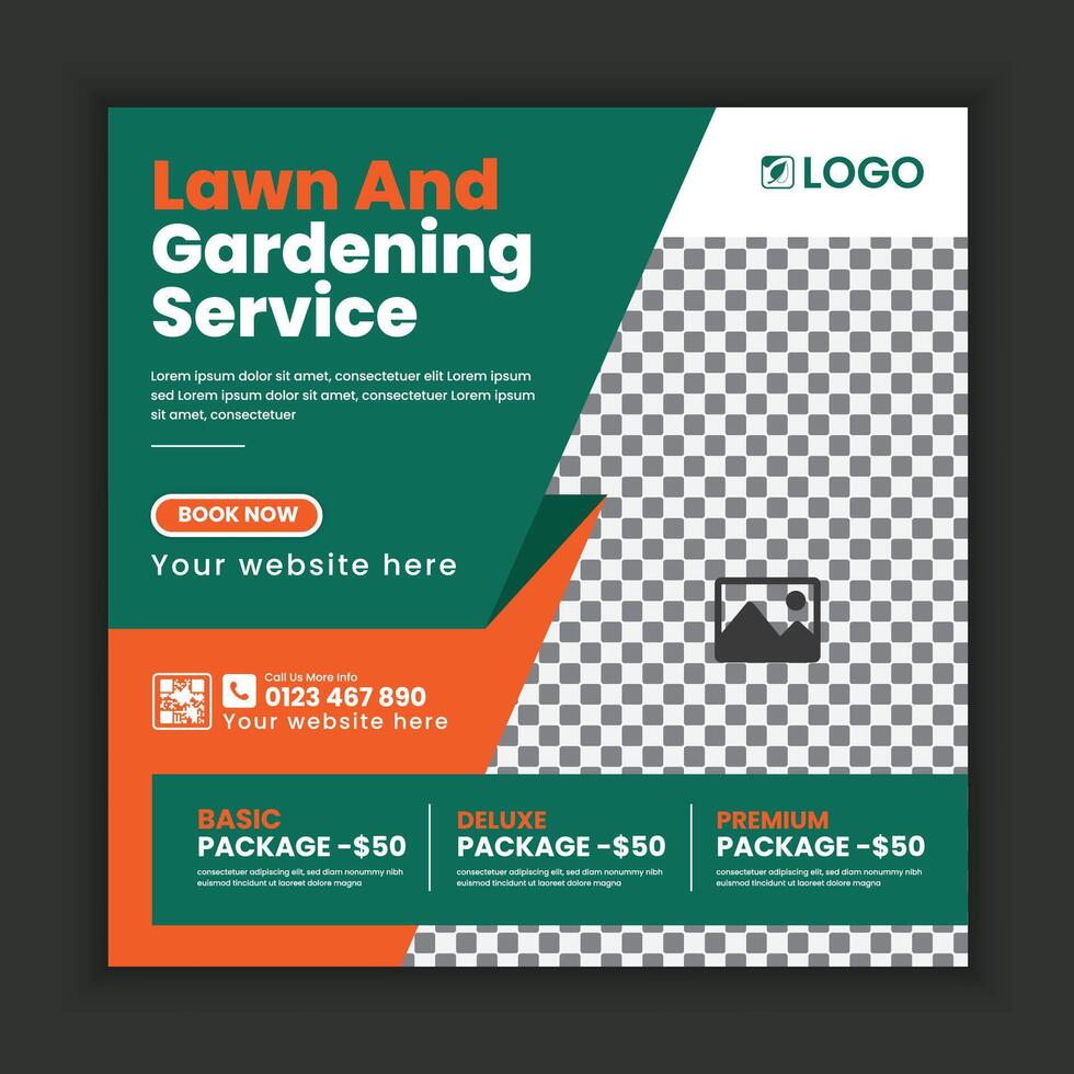 Corporate modern Lawn and gardening services social media post banner design, or agriculture and organic food campaign posts, online banner design, web banner template vector