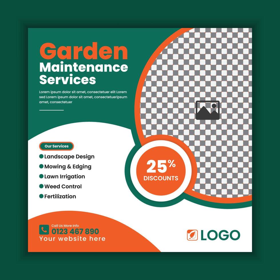 Lawn, Garden, and landscape maintenance service social media post design. Lawnmower square flyer template, Agricultural and farming service online banner post template vector
