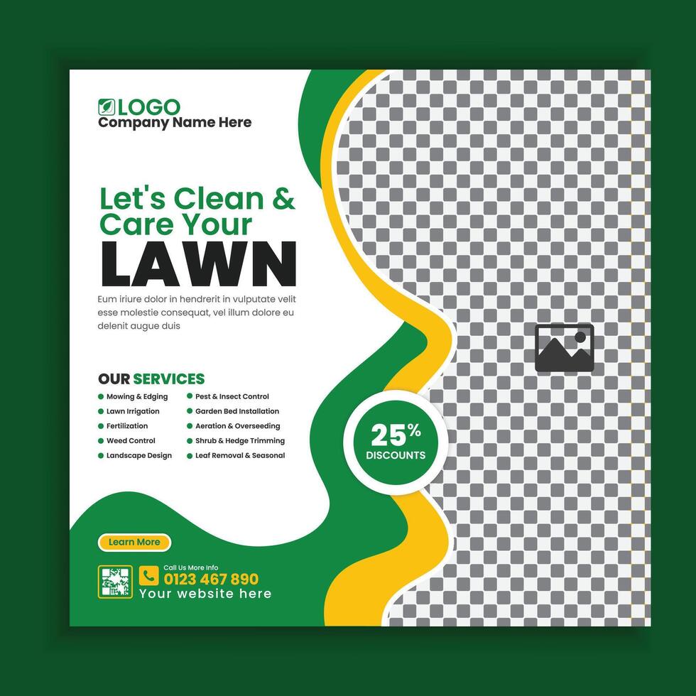 Lawnmower square flyer template, Agricultural and farming service social media post template vector