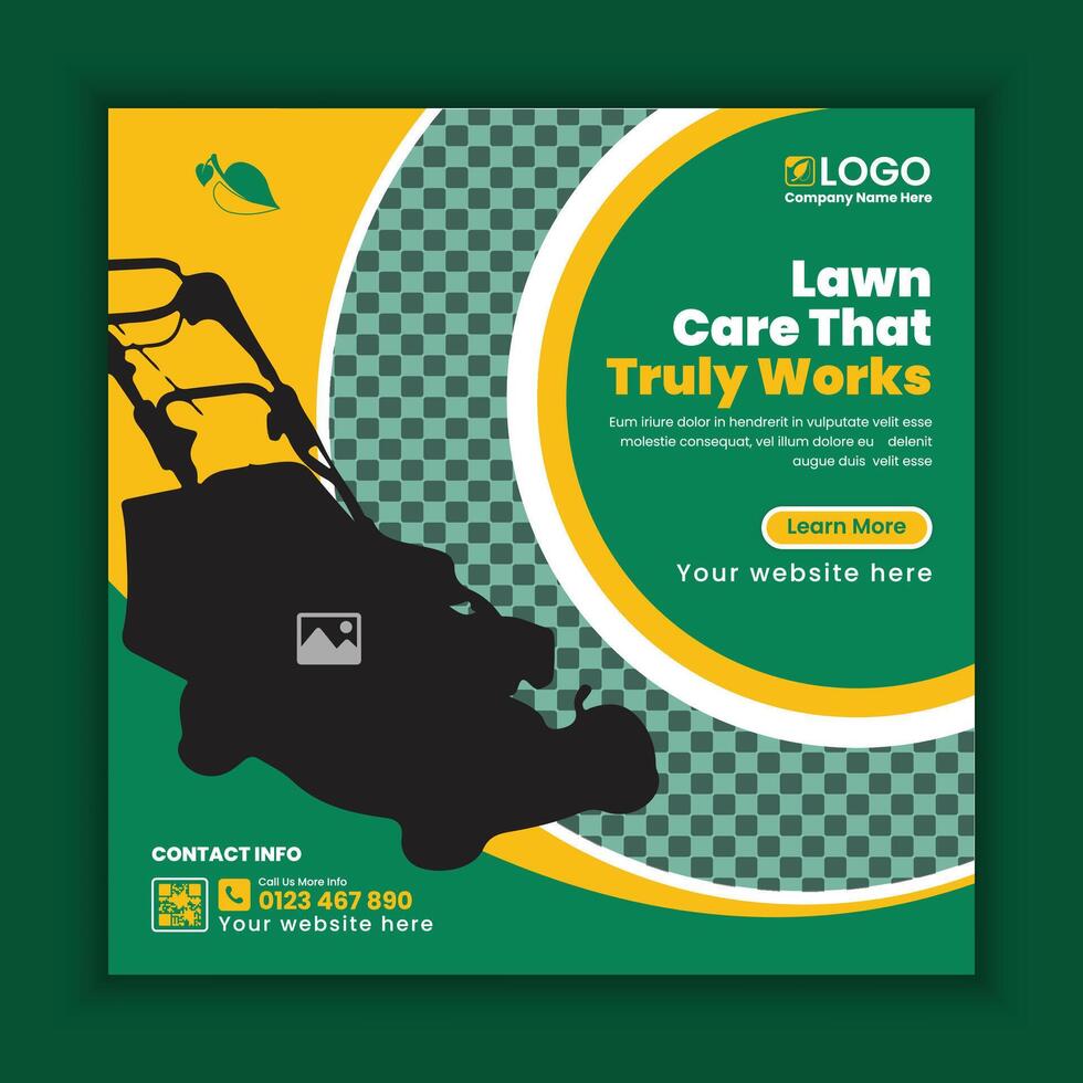 Lawn, Garden, and landscape maintenance service social media post design. Lawnmower square flyer design template vector