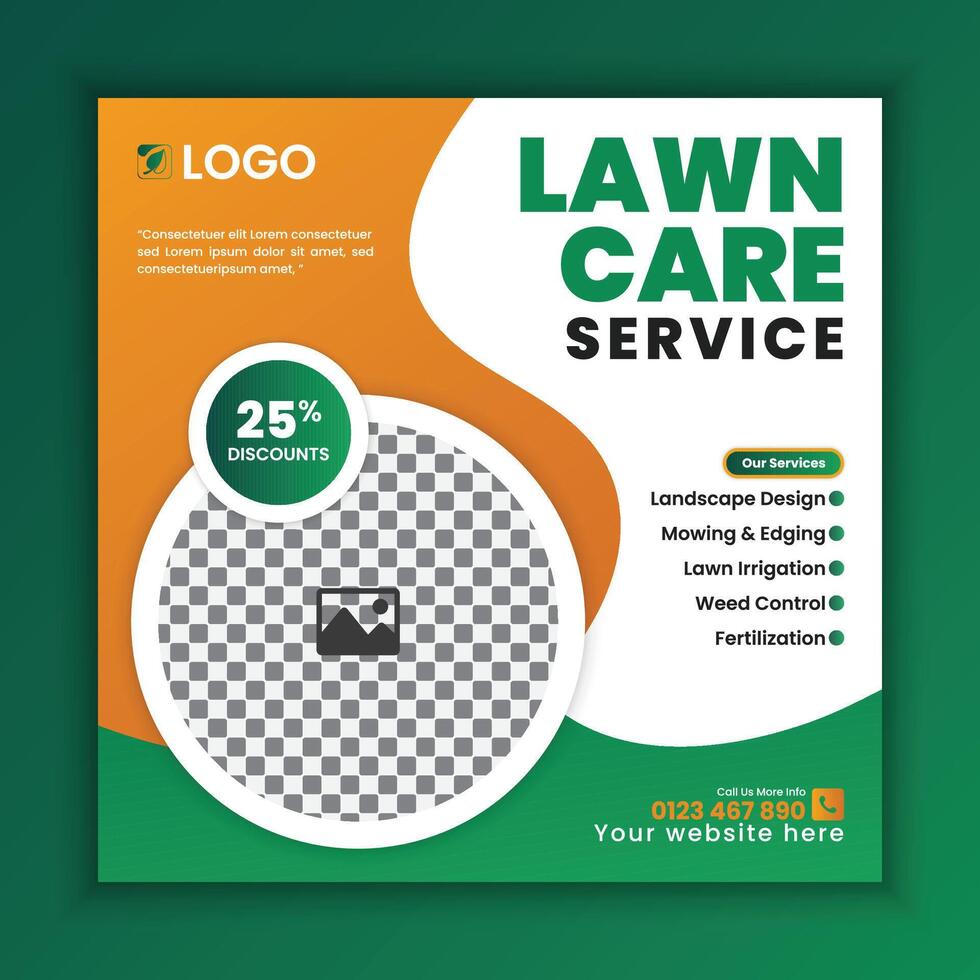 Lawn, Garden, and landscape maintenance service social media post design. Lawnmower square flyer template, Agricultural and farming service social media post template vector