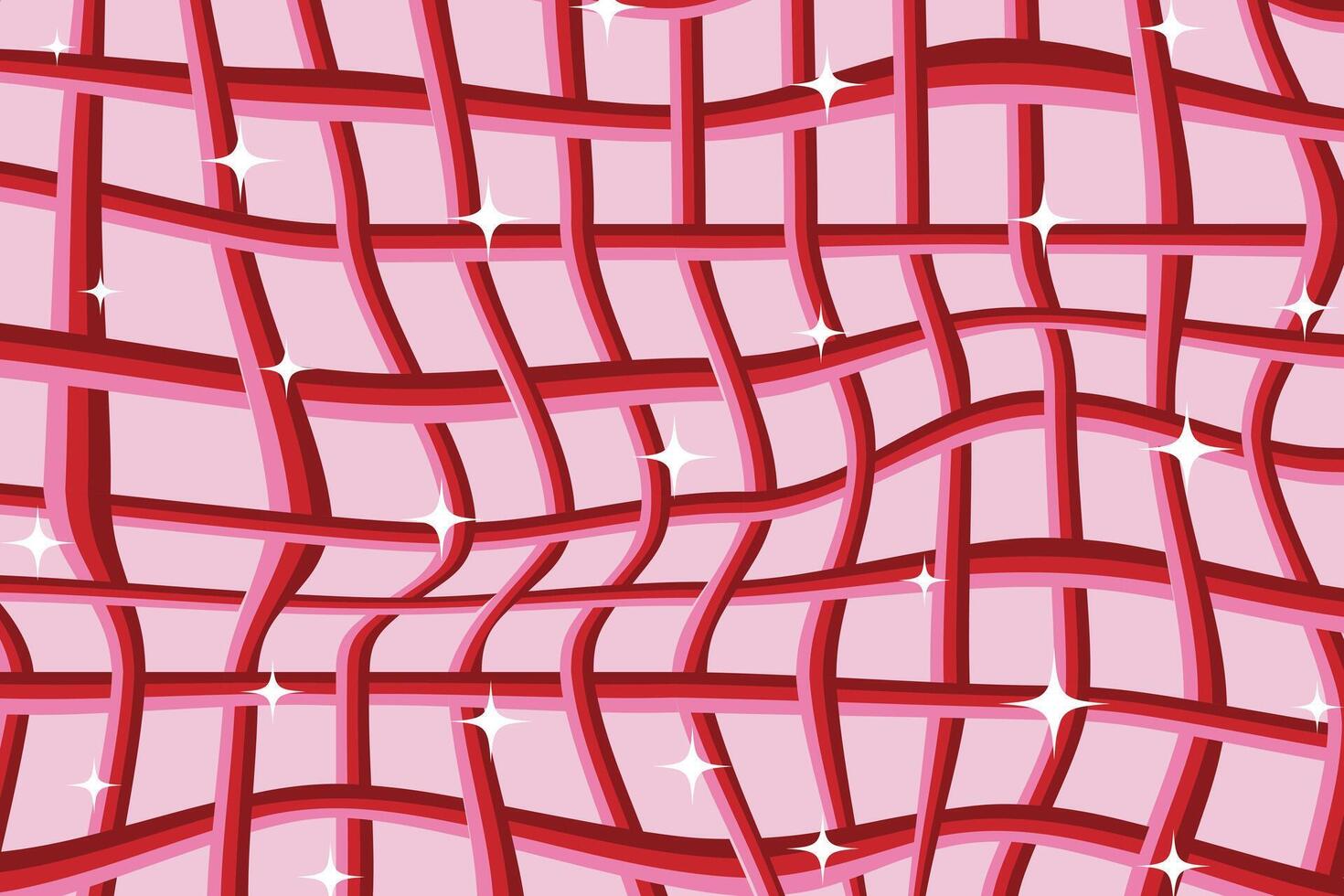 Psychedelic y2k abstract background in pink colors. Wavy distorted geometric pattern. Trendy trippy design. Curve crossed lines grid vector