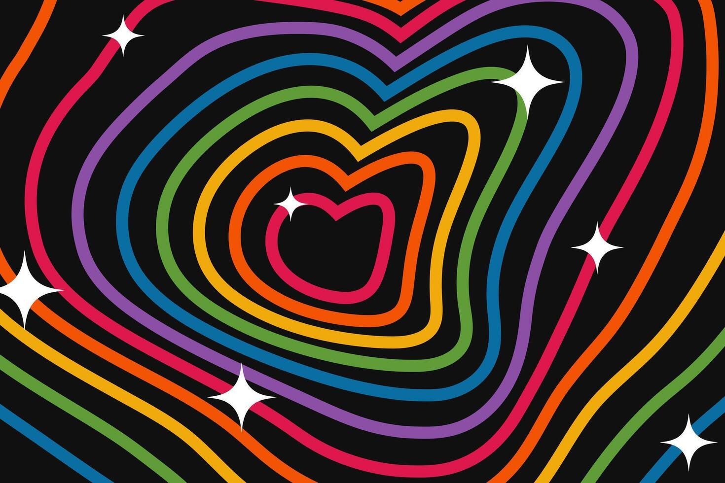 Hypnotic heart shaped tunnel, y2k background. Rainbow colors on black backdrop. Retro psychedelic lovely design in 70s style vector