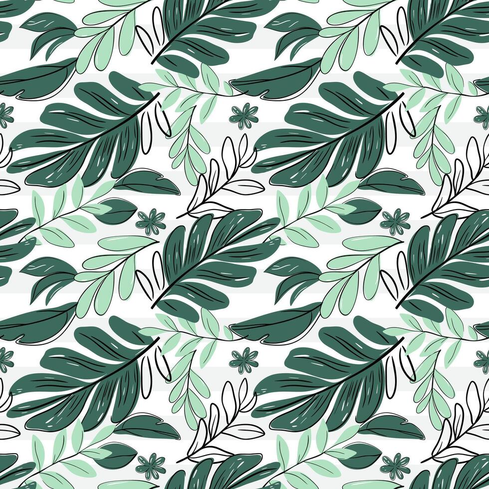 Seamless pattern with tropical leaves with black outline. Exotic flowers backckground. Line art drawing style. vector