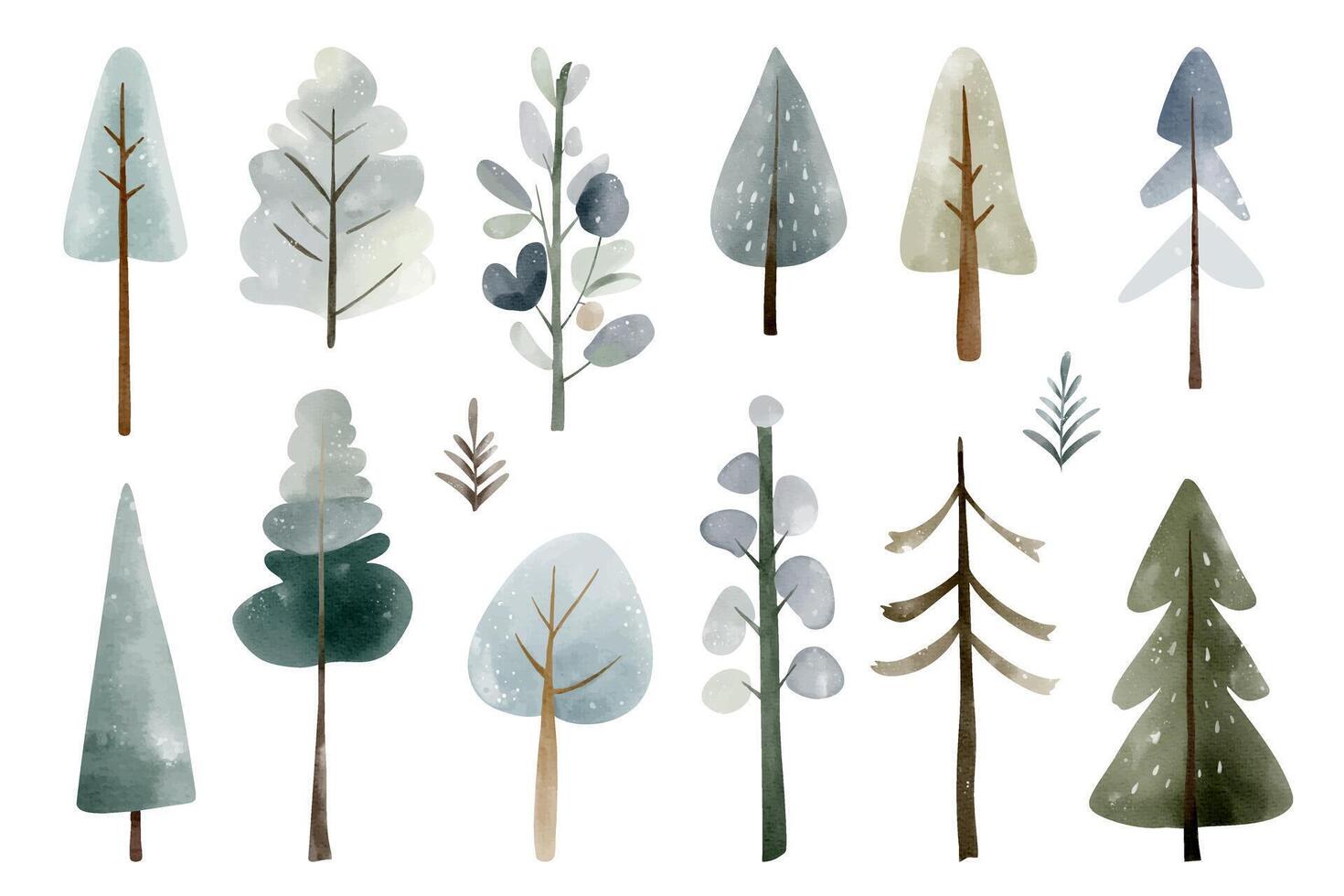 Set of watercolor winter trees. Cute fairy snowy trees. Wintertime nature. Hand drawn childlike illustration. Pines, firs vector