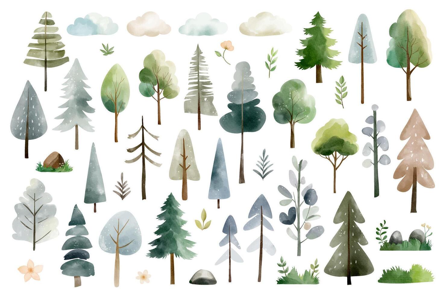 Set of watercolor forest trees, plants and clouds. Watercolor woodland. Snowy trees. Fairy nordic nature. vector