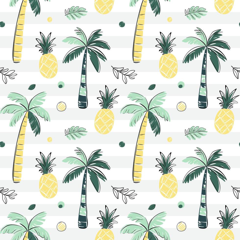 Seamless pattern with palm trees, pineapple. Sketch, line art drawing style. Doodle tropical backckgrounds. vector