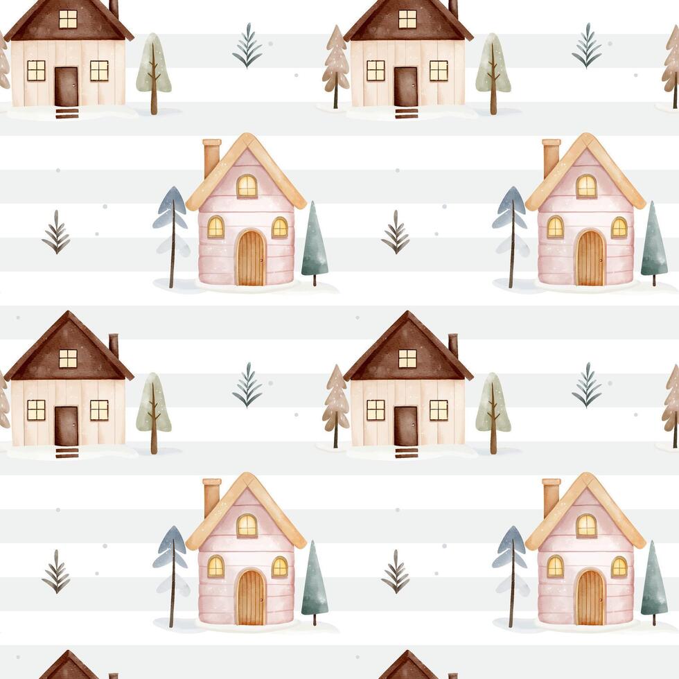 Seamless pattern with hand drawn wooden houses. Cute watercolor houses background. Wintertime. Fairytale forest houses. vector