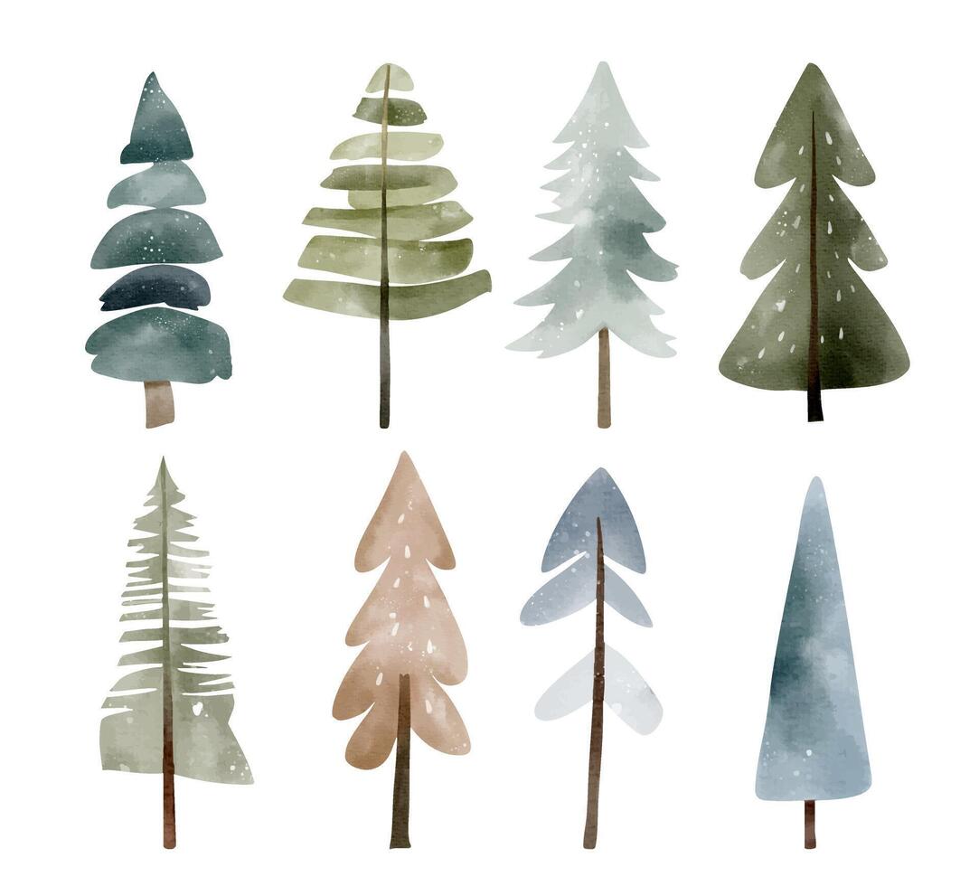 Set of watercolor winter trees. Cute fairy pine, fir. Snowy trees. Wintertime nature. Hand drawn childlike illustration. vector