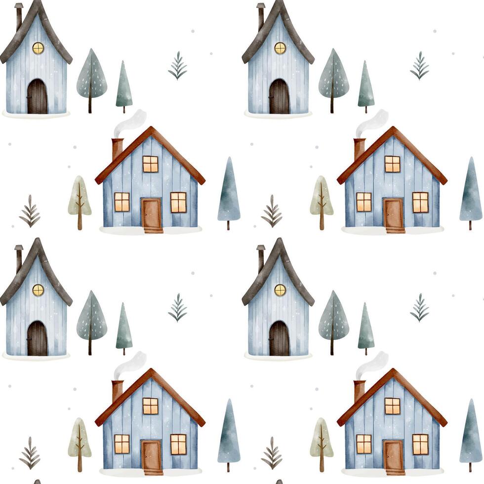 Cute watercolor houses background. Seamless pattern with hand drawn blue houses. Fairytale forest houses. vector