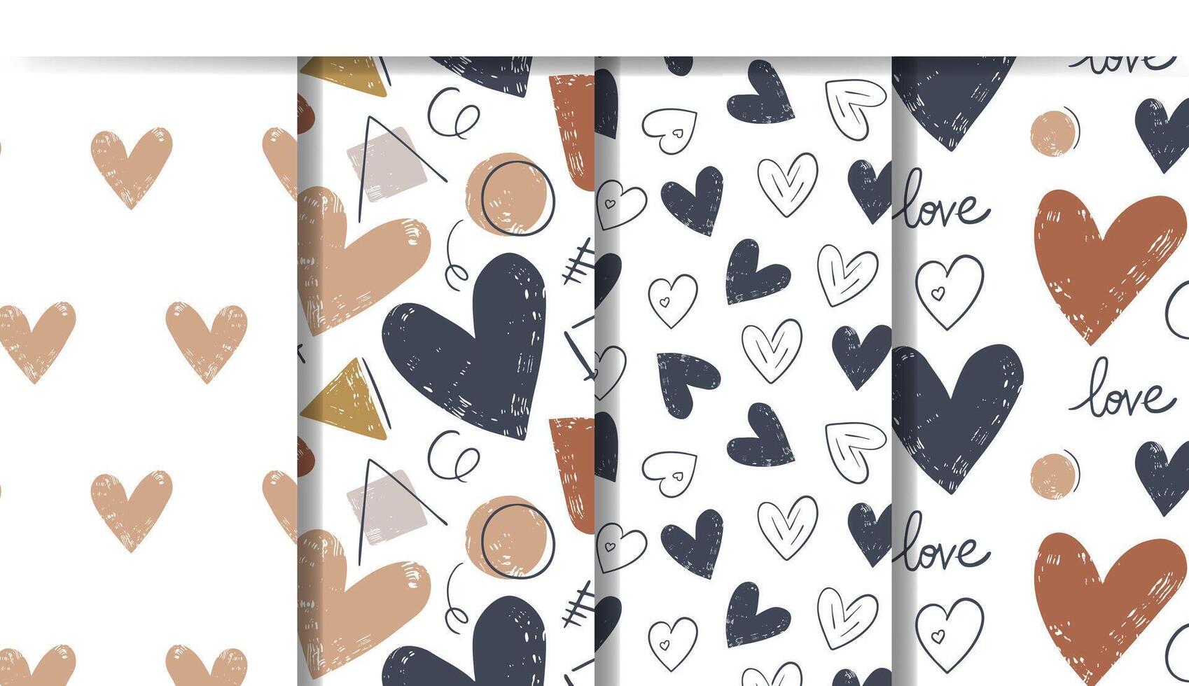Doodle backgrounds with cute hearts. Set of patterns with simple geometric shapes and hand drawn hearts. Love seamless pattern. vector