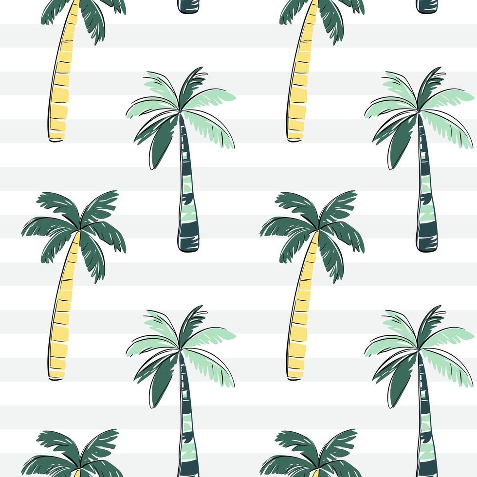 Seamless pattern with palm trees with black outline. Tropical backckground. Sketch, line art drawing style. vector