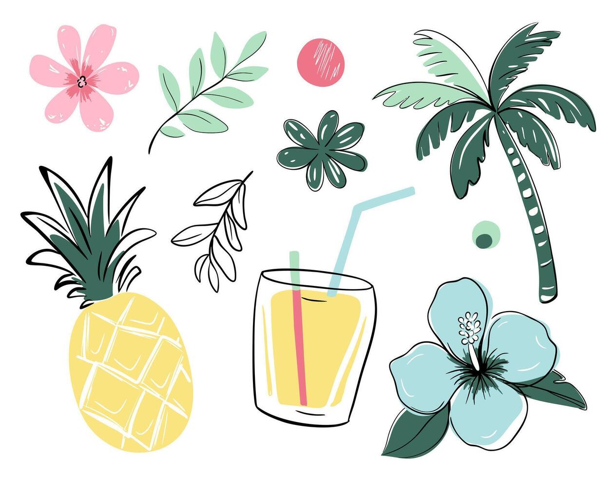 Hand drawn summer simple style set. Summertime tropical doodles. Palm trees, tropical flowers, cocktails. Exotic collection. vector