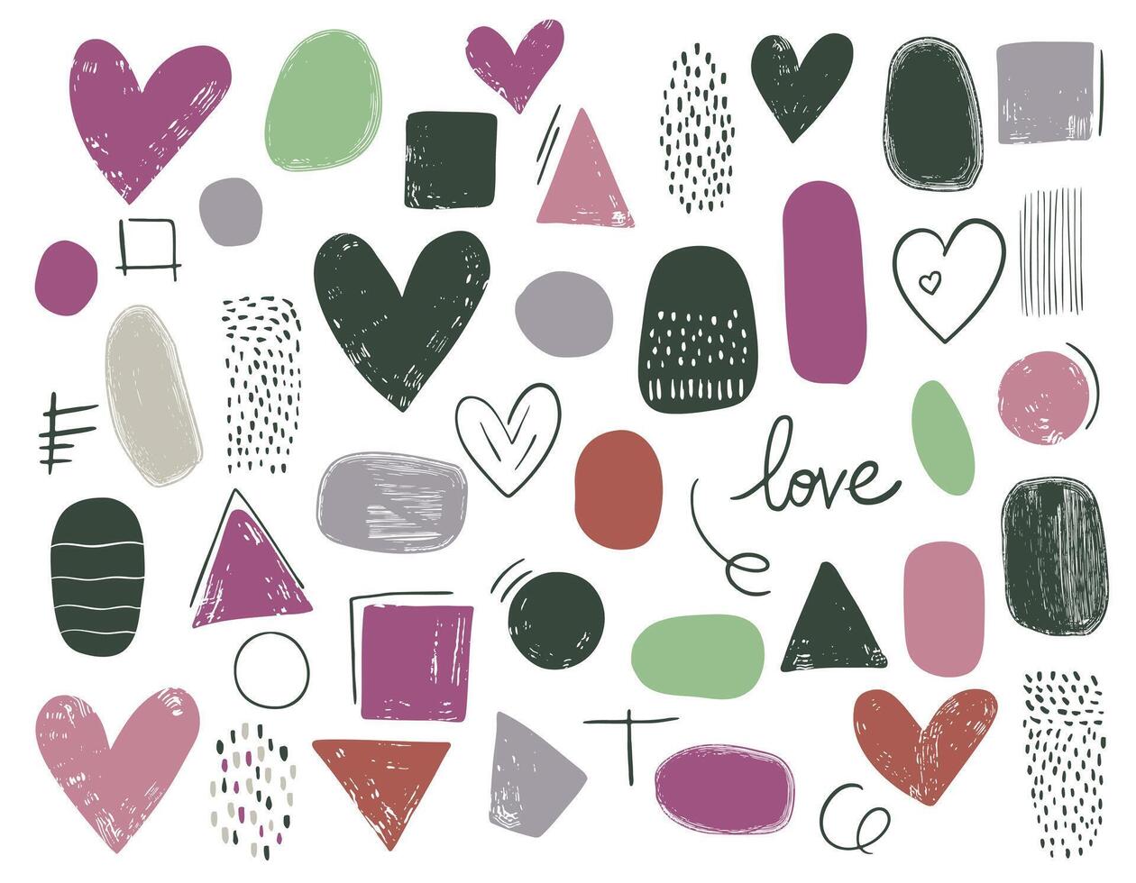 Hand drawn abstract shapes, dots and hearts set. Paint strokes, dirty style. Heart doodles set. Grunge texture. vector