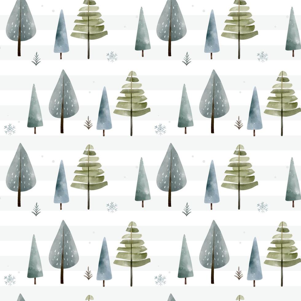 Cute watercolor trees. Winter seamless pattern with snowy trees. Christmas pattern. Wintertime backgrounds. vector