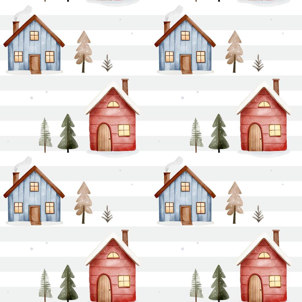 Winter home seamless pattern. Background with hand drawn houses. Cute watercolor houses and pine. Baby print vector