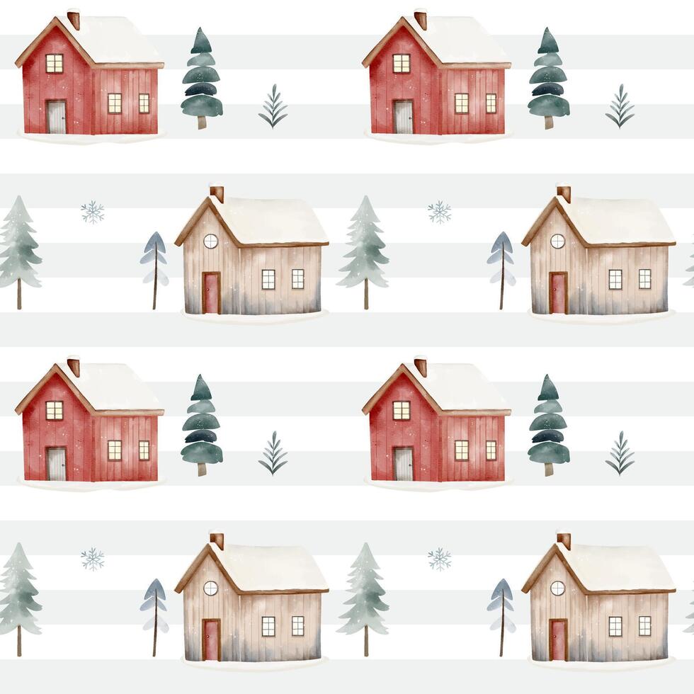 Background with hand drawn houses. Cute watercolor houses and trees. Winter home seamless pattern. Baby print vector