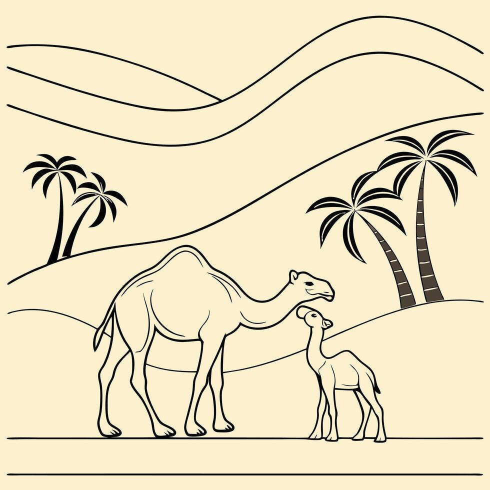 Minimalist Desert Landscape with Camel and Baby Walking by Palm Trees in Black Line Art on Beige Background for Clean Nature Design vector